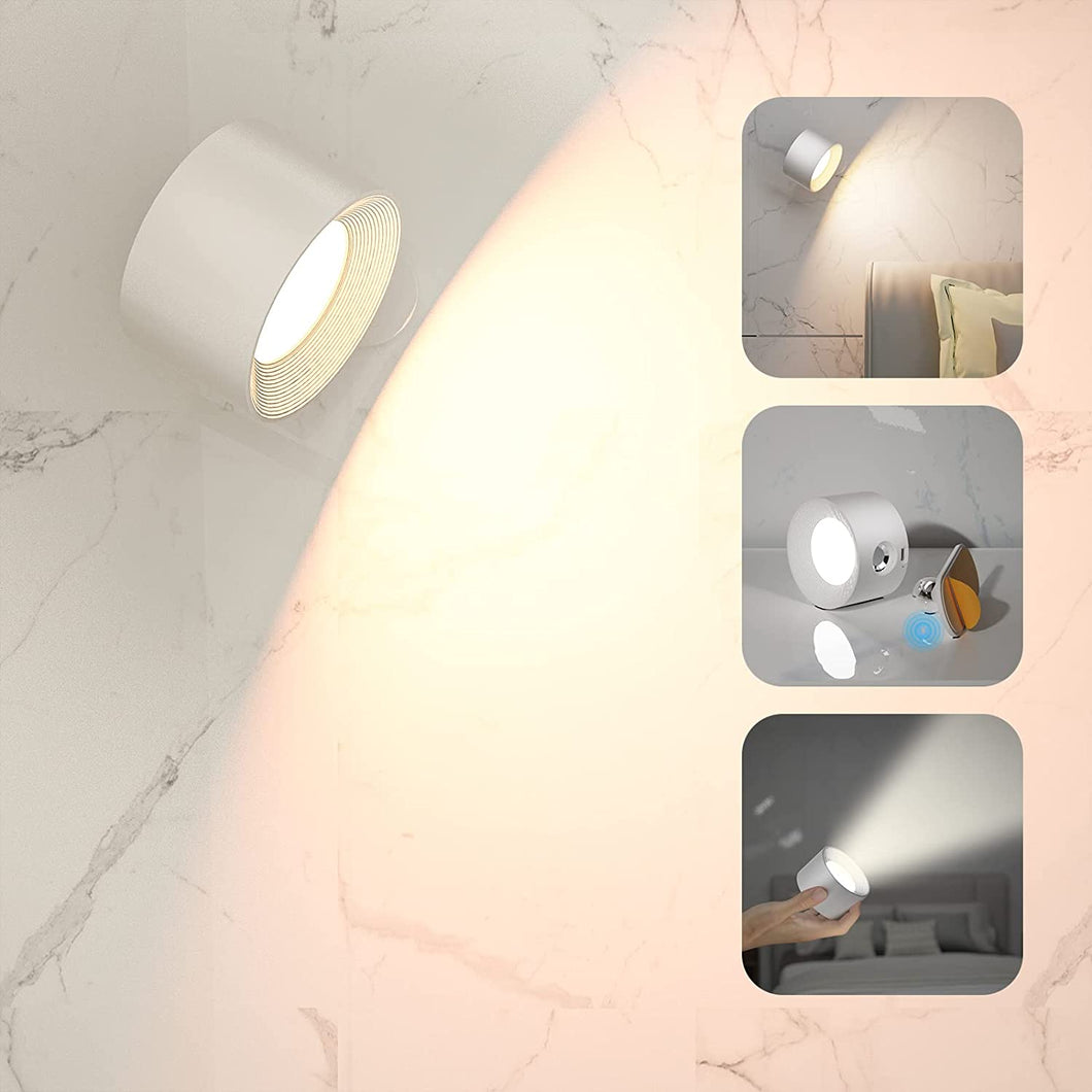 LED Wall Sconce, Wall Mounted Lamp with Rechargeable Battery Operated USB Port 3 Color Temperature & 3 Brightness Level 360°Rotate Magnetic Ball, Cordless Wall Light for Reading Bedside-White