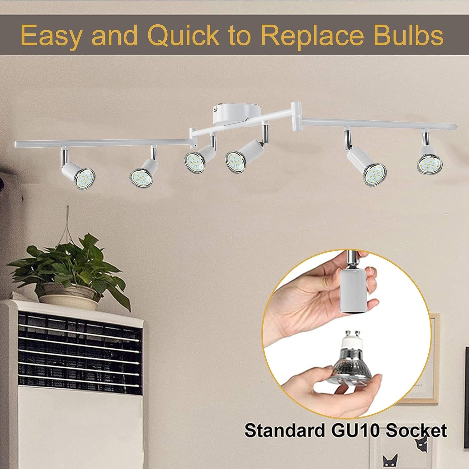 6 Way Ceiling Spotlight GU10 Base Socket, Track Lighting Kit Rotatable Lamp Head, Can Be Tilted 90°, Adjustable Lighting Angle, for Showrooms, Exhibition Halls, Museums, Cafes, Restaurants(White)