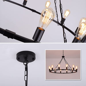 Pendant Light Modern Farmhouse Chandelier Rustic Metal Wagon Wheel Lighting Black 12 Lights