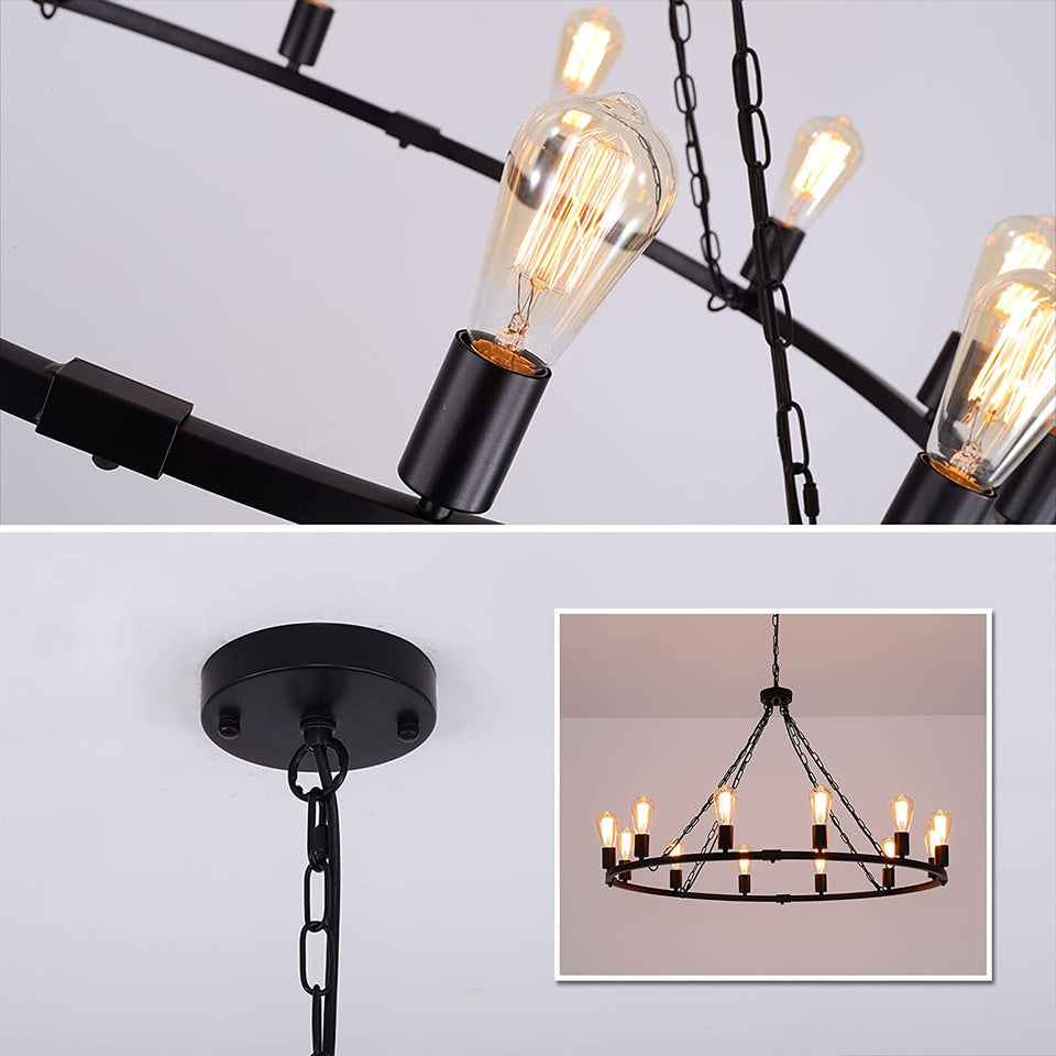 Pendant Light Modern Farmhouse Chandelier Rustic Metal Wagon Wheel Lighting Black 12 Lights