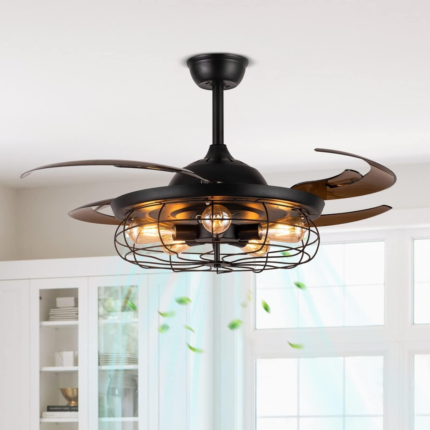5-Light Ceiling Fan with Remote, 106CM Retractable Blades Industrial Ceiling Fans with Lights, Vintage Chandelier Fans with Lamp for Kitchen, Dining Room, Living Room, Bulbs Not Included