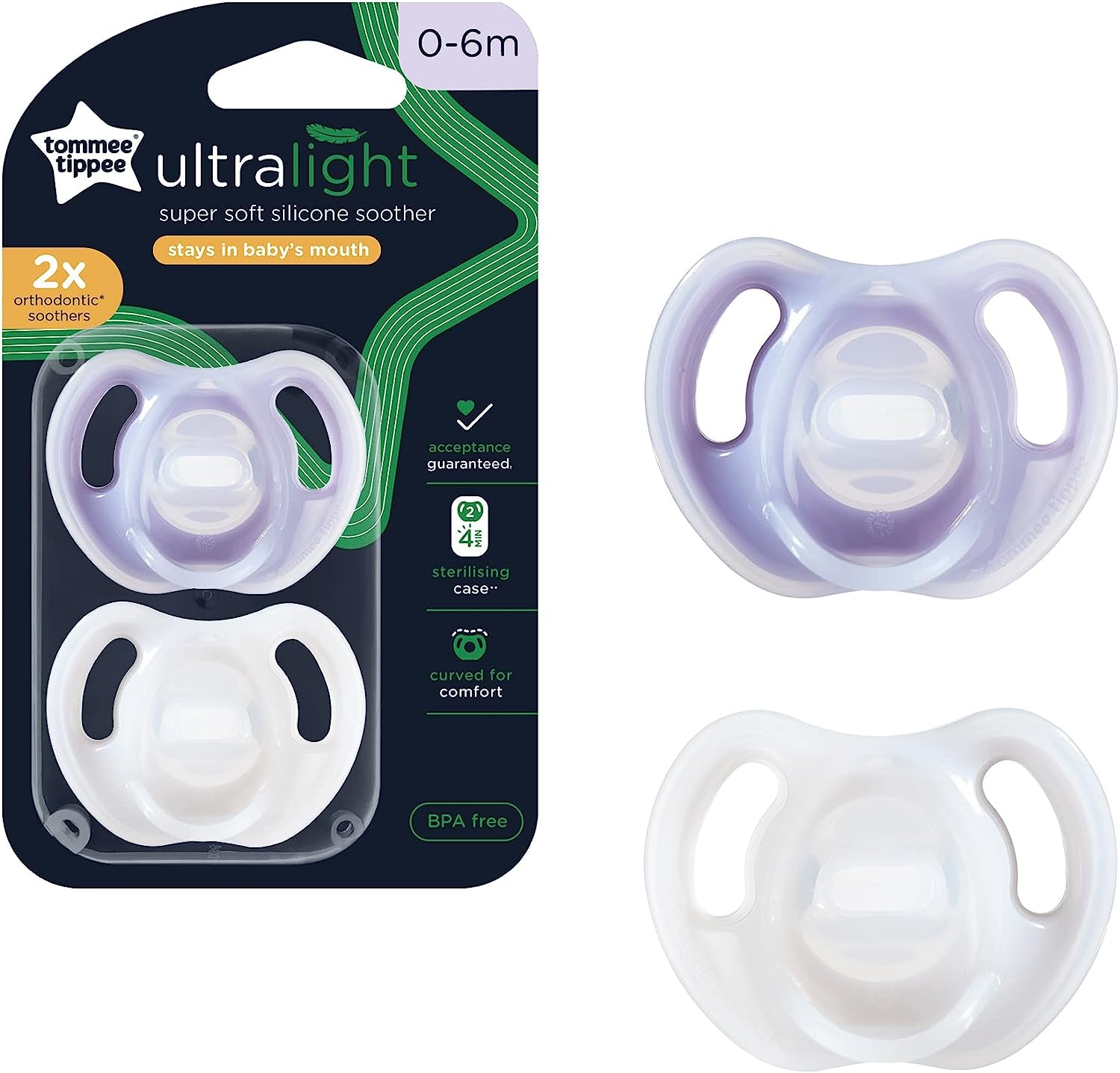 Ultra-Light Silicone Soother, Symmetrical Orthodontic Design, Bpa-Free, One-Piece Design, 0-6 Months, Pack of 2 Dummies, Assorted Colours, Colours & Designs May Vary