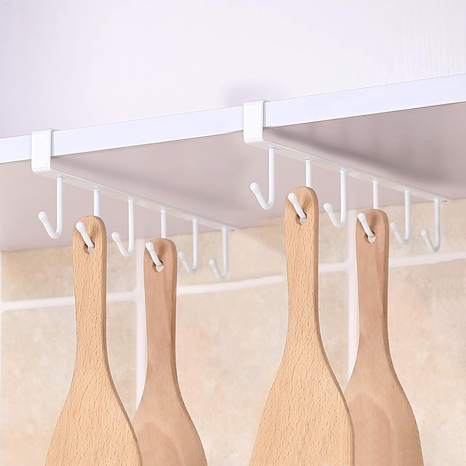 2Pack under Cabinet 6-Mug Hooks under Shelf, Multi-Function Cup Mug Holder for Kitchen under the Closet Hanging Organizer Hooks, Kitchen Storage Rack Hooks Utensil for Mug Cabinet Shelves White