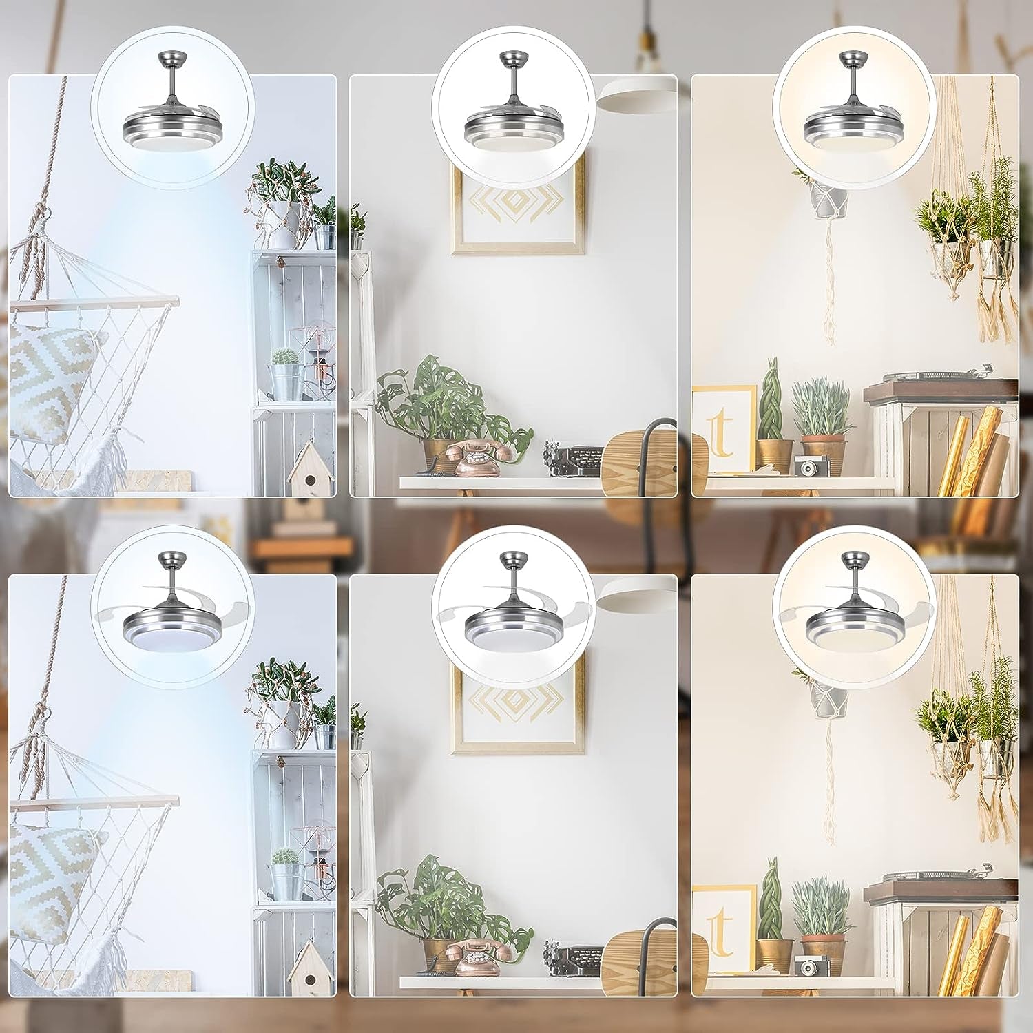 42" Retractable Ceiling Fan with Lights and Remote Control Modern Ceiling Fan with Retractable Blades, Silent Motor, 3 Light Color Changes, Brushed Nickel for Bedroom Living Room Dining…