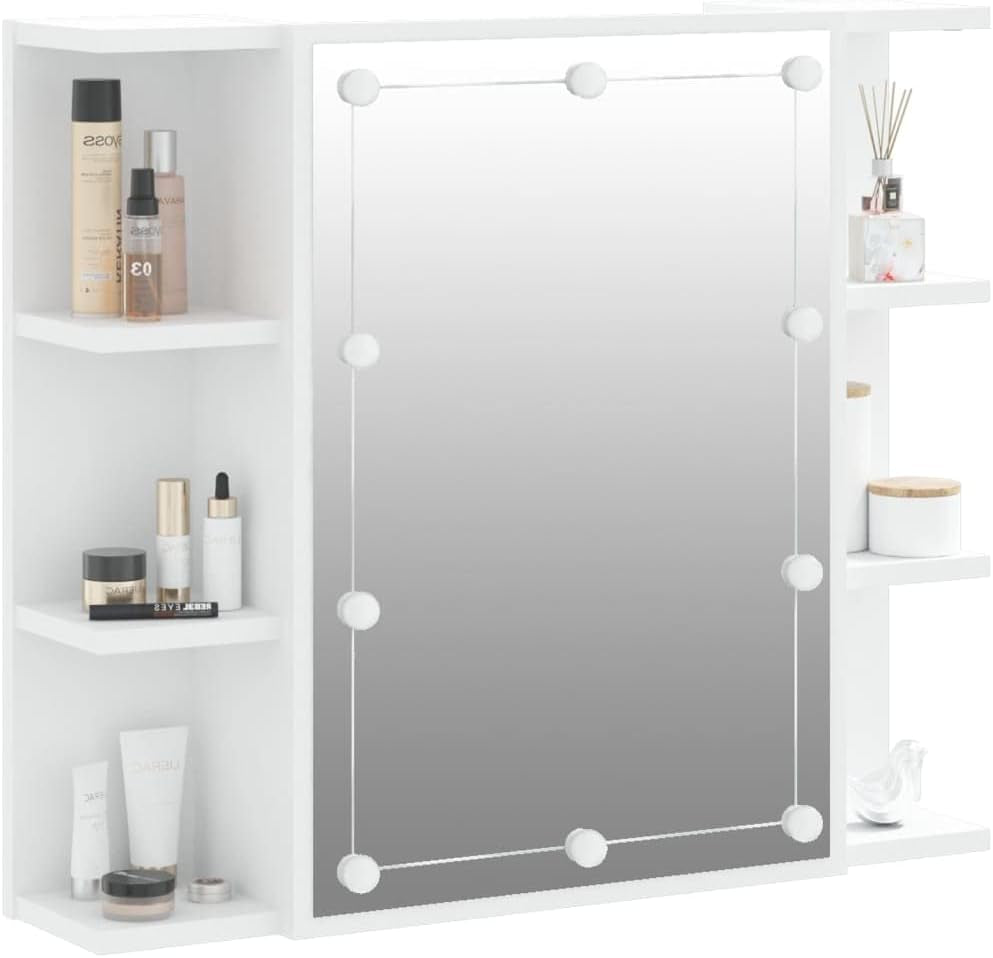 Mirror Cabinet with LED Bathroom Vanity Unit Wall-Mounted Make up Cosmetic Jewellery Dressing Mirror with Storage Shelf White