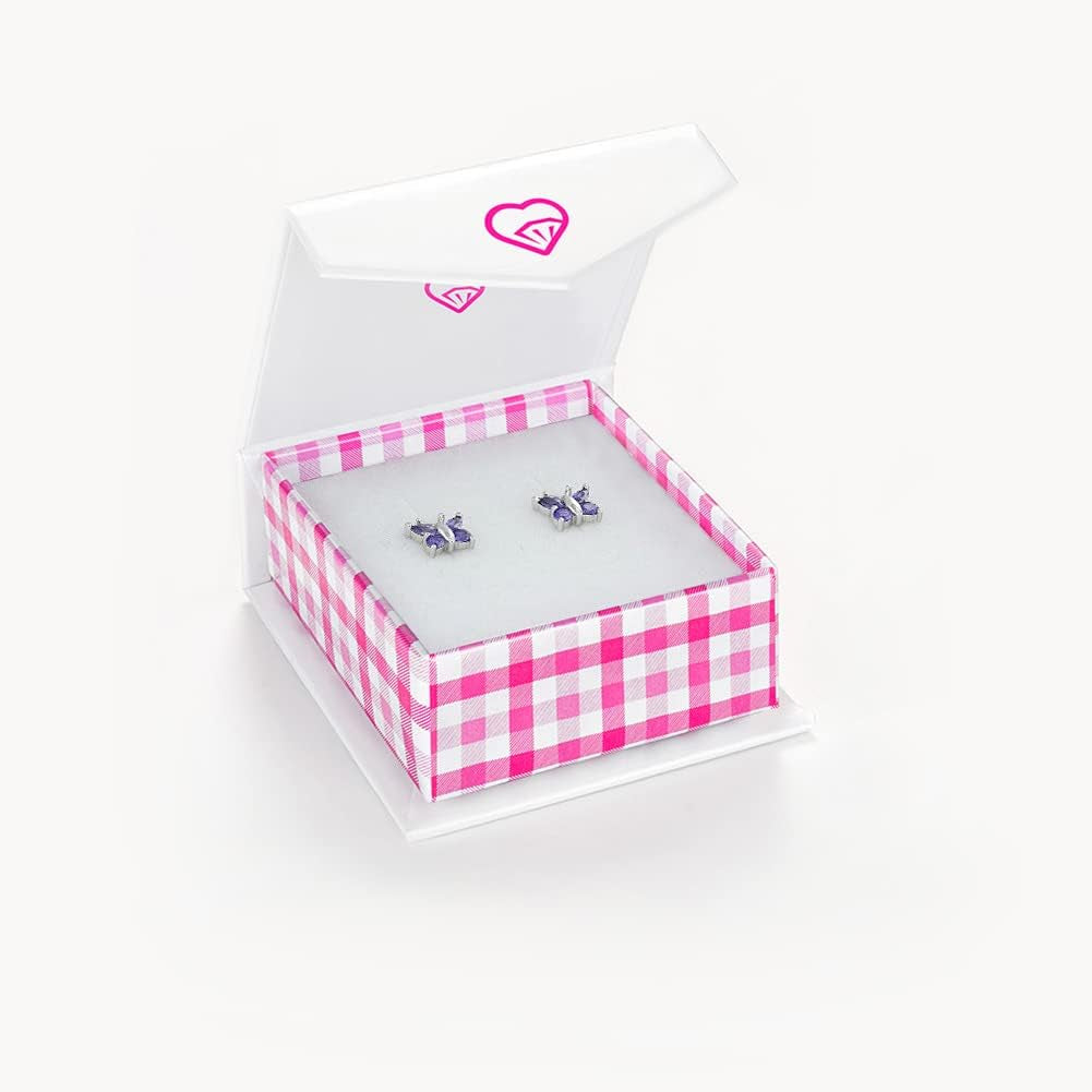 925 Sterling Silver Cubic Zirconia Butterfly Screw Back Earrings for Little Girls & Teens - Eye-Catching and Fashionable Safety Stud Earrings - Sparkly and Elegant Jewelry for Girls