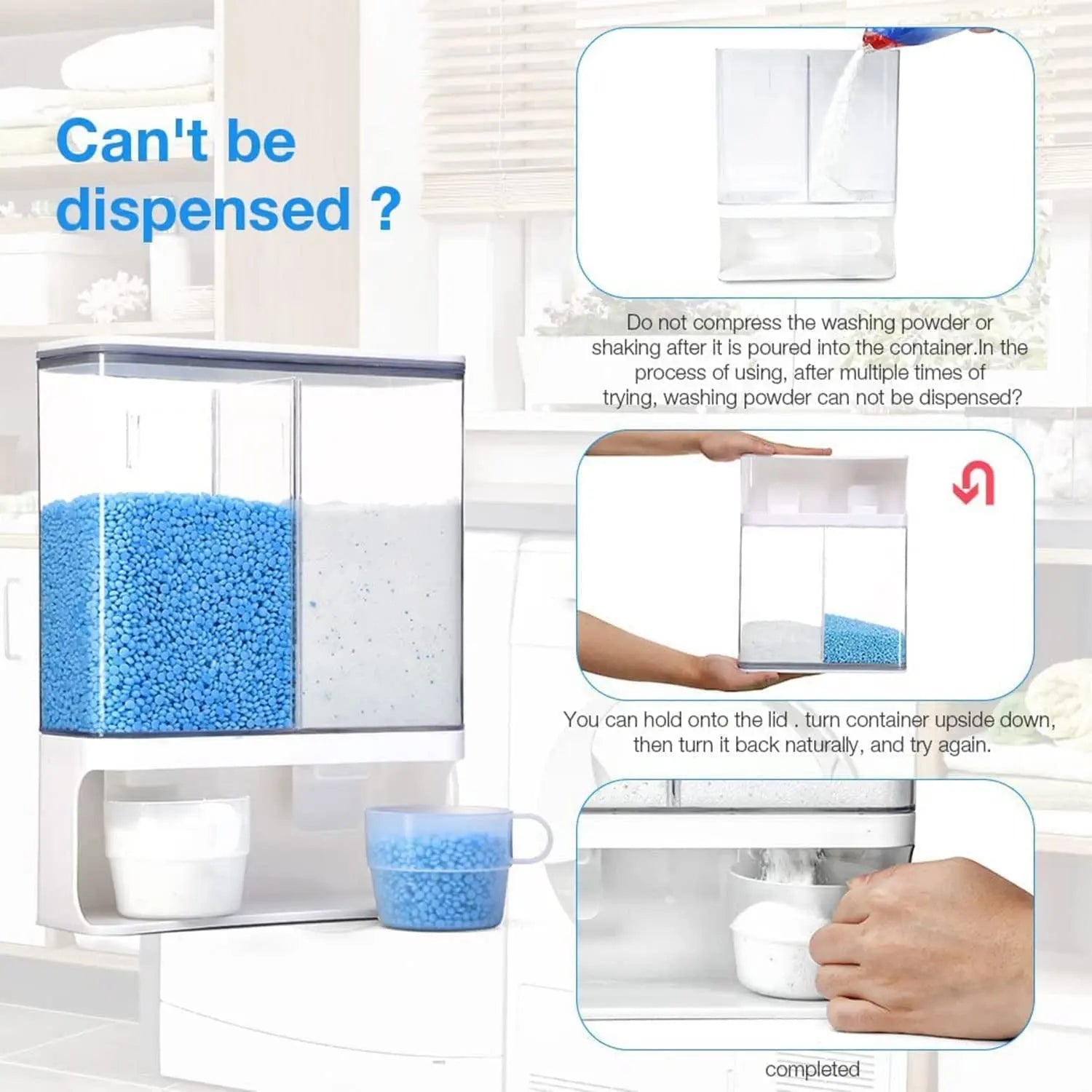 Rice Dispenser, Laundry Detergent Dispenser, Wall-Mounted Dry Food Storage Kitchen Organization, Rice Container with 1 Measuring Cups, Suitable for Rice, Beans, Laundry Scent Beads(1 Measuring Cups)