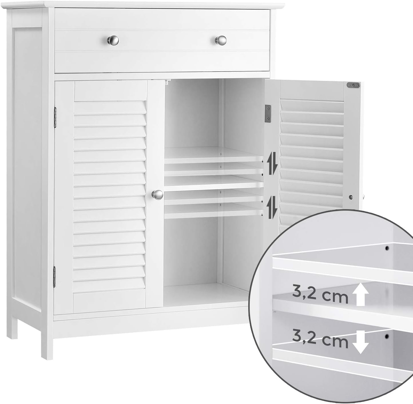 BBC51WT Bathroom Cabinet, 60 X 30 X 80 Cm, Storage Cabinet with 2 Slat Doors, Drawer, Adjustable Shelf, Scandinavian Style, Matt White