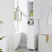 Load image into Gallery viewer, BBC69WT Bathroom Cabinet Tall Cabinet with 2 Slat Doors Storage Cabinet with Drawer Removable X-Shaped Shelf 32 X 30 X 170 Cm Scandinavian Style White
