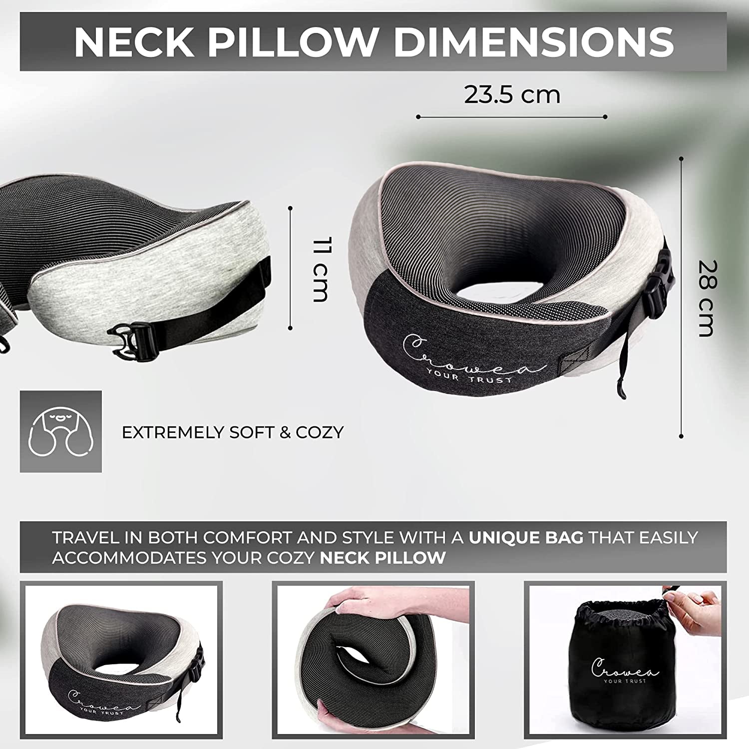 Neck Pillow - 100% Pure Memory Foam Neck Travel Pillow with 360 Degree Comfortable & Breathable Head and Neck Support, Includes Luxury Bag, Eye Mask & Earplugs for Airplane, Car (Black & Grey)