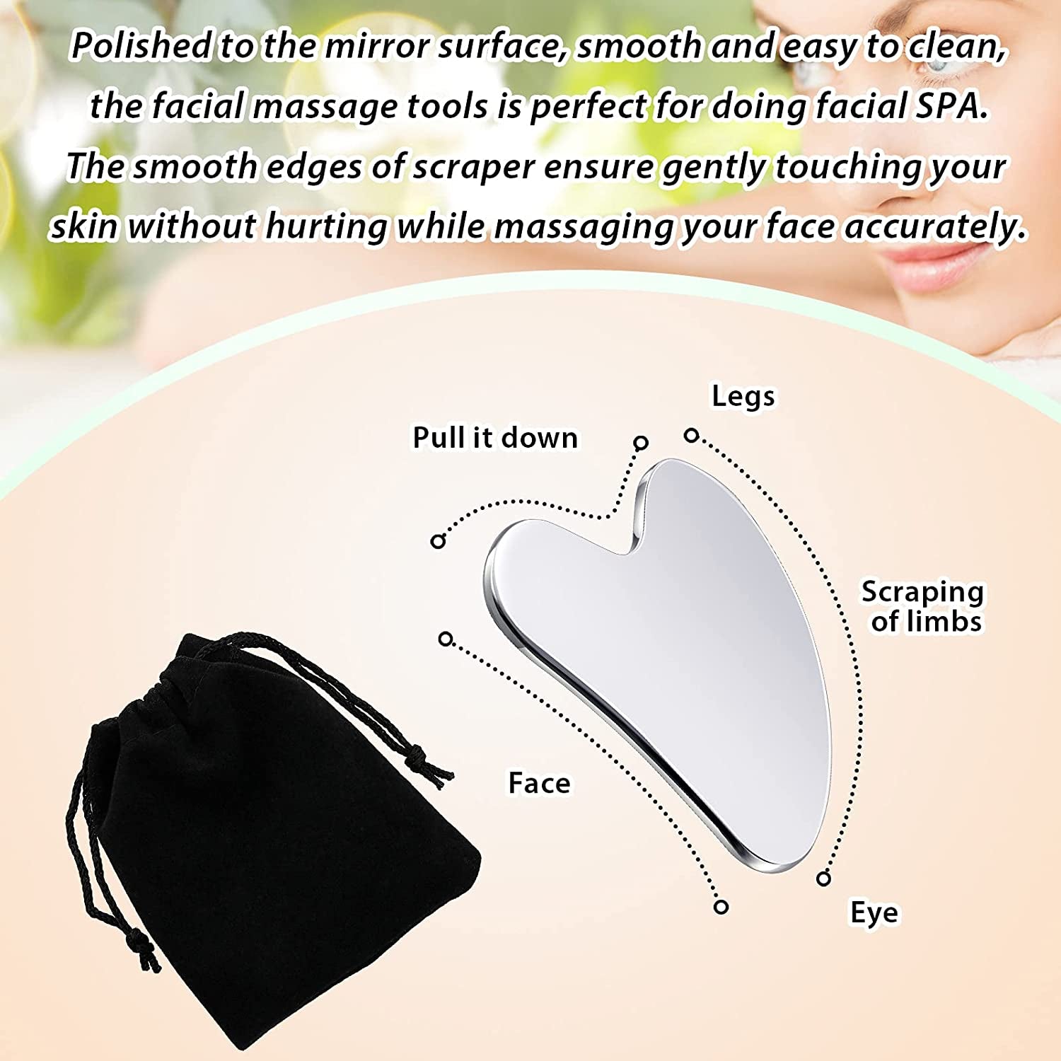 Stainless Steel Gua Sha Facial Tools Guasha Tool for Face Metal Gua Sha Tighten Skin Heart Massage Guasha Beauty Tool for Body Eyes Neck Massager with Travel Pouch (Silver, Heart Style)