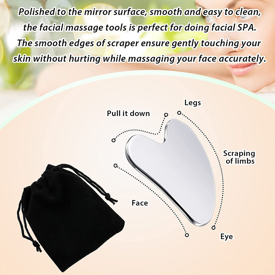 Stainless Steel Gua Sha Facial Tools Guasha Tool for Face Metal Gua Sha Tighten Skin Heart Massage Guasha Beauty Tool for Body Eyes Neck Massager with Travel Pouch (Silver, Heart Style)