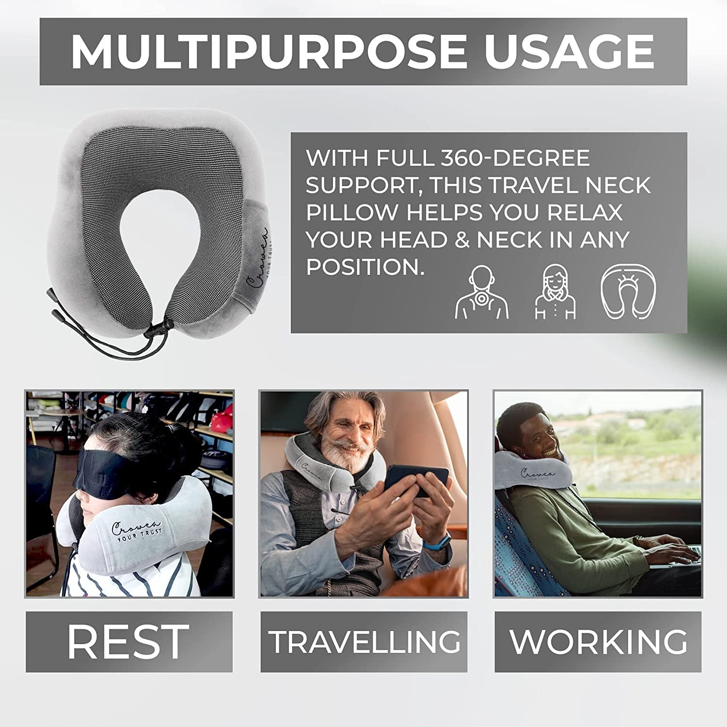Travel Pillow - 100% Pure Memory Foam Neck Pillow with 360 Degree Comfortable & Breathable Head Support, Includes Luxury Bag, Sleep Mask & Earplugs for Airplane, Car, Train and Bus (Light Grey)