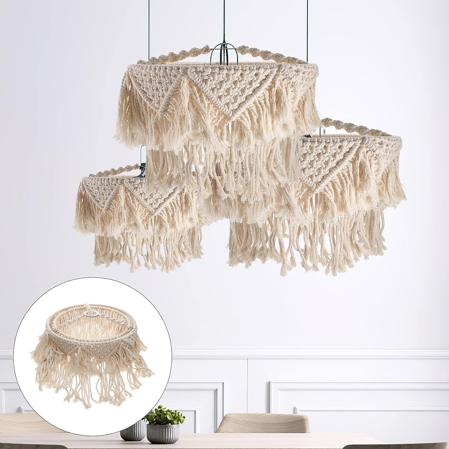Fringe Lamp Shade Macrame Lamp Shade Ceiling Light Shade Hanging Pendant Light Cover Chandelier Shade Woven Lamp Shade