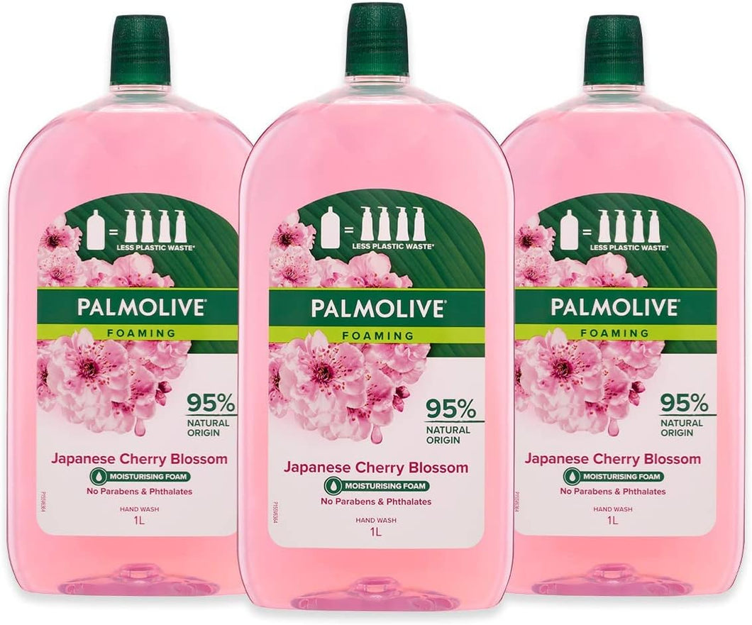Foaming Liquid Hand Wash Soap 3L (3 X 1L Packs), Japanese Cherry Blossom Refill and Save, No Parabens Phthalates and Alcohol, Recyclable Bottle