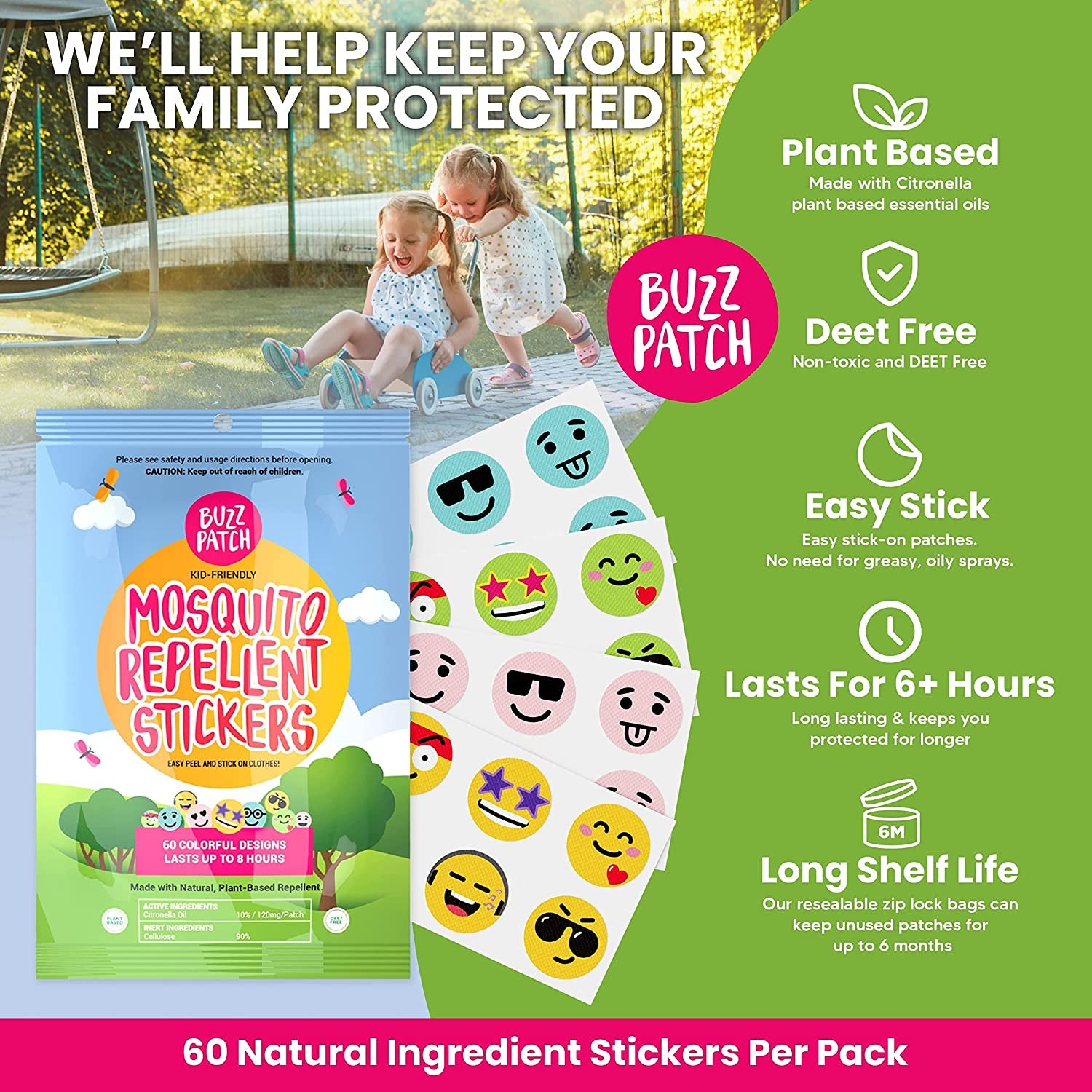 Mosquito Patch Stickers for Kids (60 Pack) - All Natural, Plant Based Ingredients, Non-Toxic, DEET Free, Citronella Essential Oil Insect Patches, for Toddlers, Babies, Children (1)