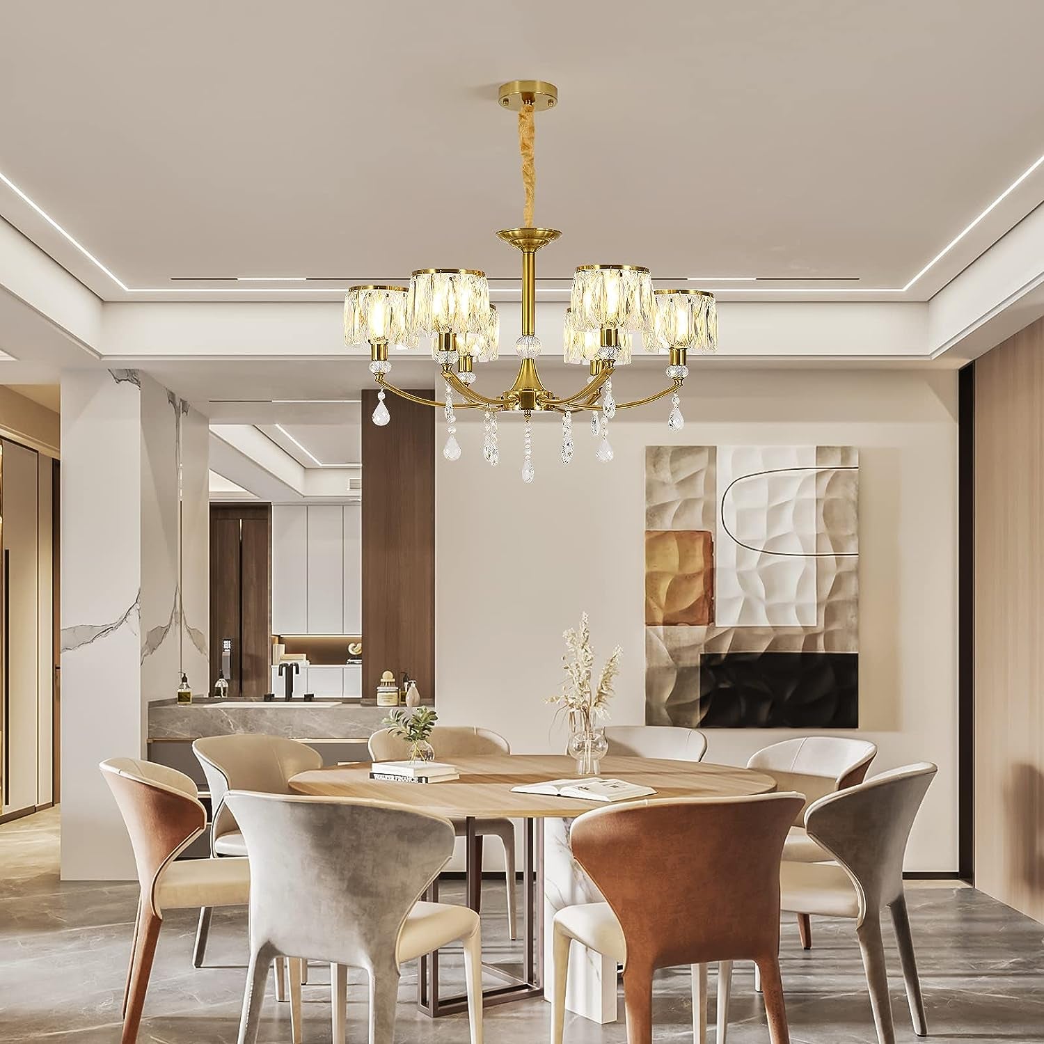 Gold Chandelier,6 Lights Wagon Wheel Chandeliers with Clear Crystal Shades,Modern Mid Century Hanging Pendant Light Fixture for Dining Room Living Room Bedroom(E14 Base)