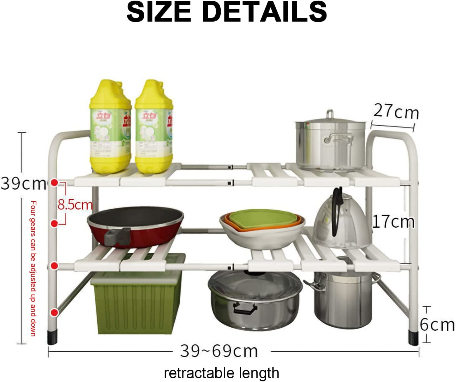 under Sink Shelf,2-Tier Adjustable and Expandable under Sink Organizer,Stainless Steel Sink Storage Rack,Multifunctional Drain Rack,Shelf for Kitchen,Pantry,Plates,Bathroom,Drawers and Cabinets (White)