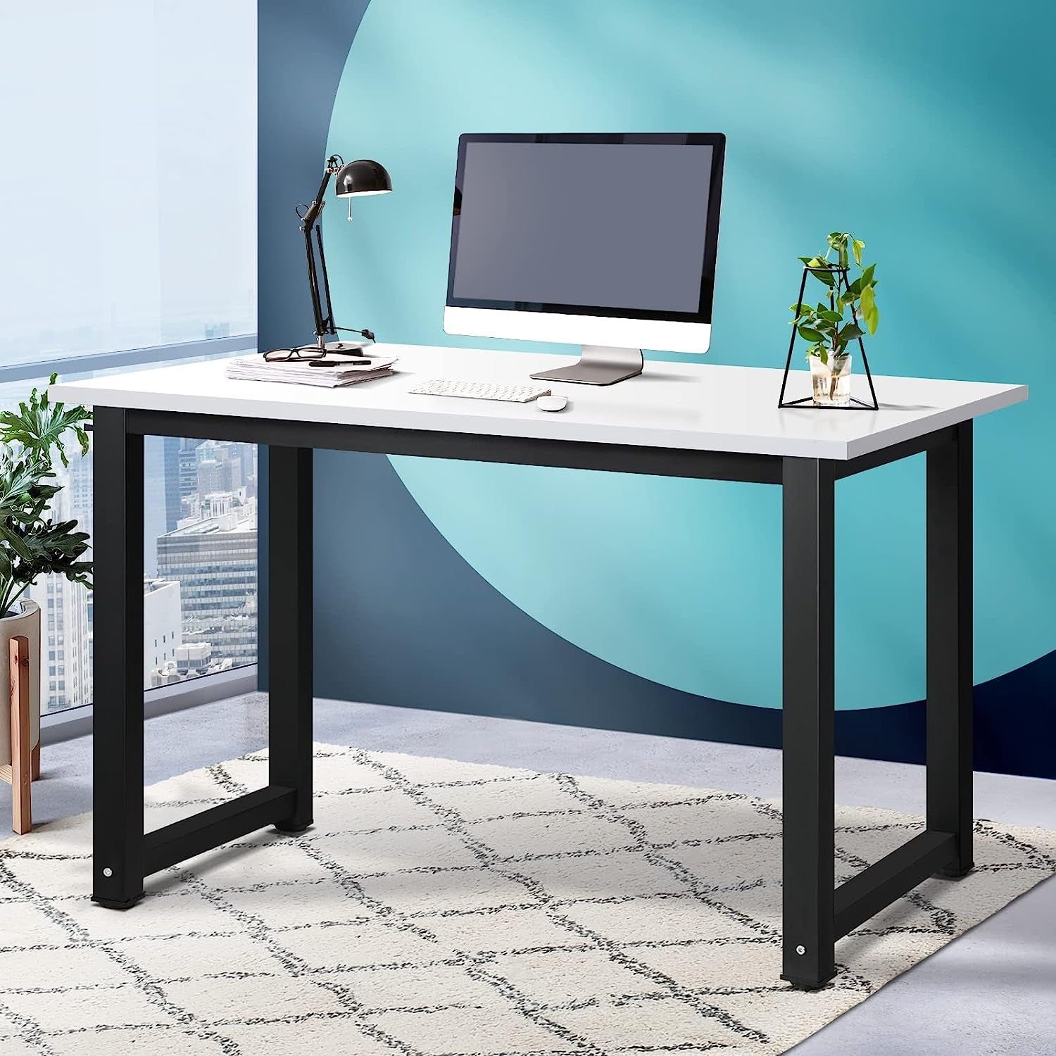 120Cm Home Office Computer Desk with Solid Steel Frame Study Workstation Laptop Table Black and White