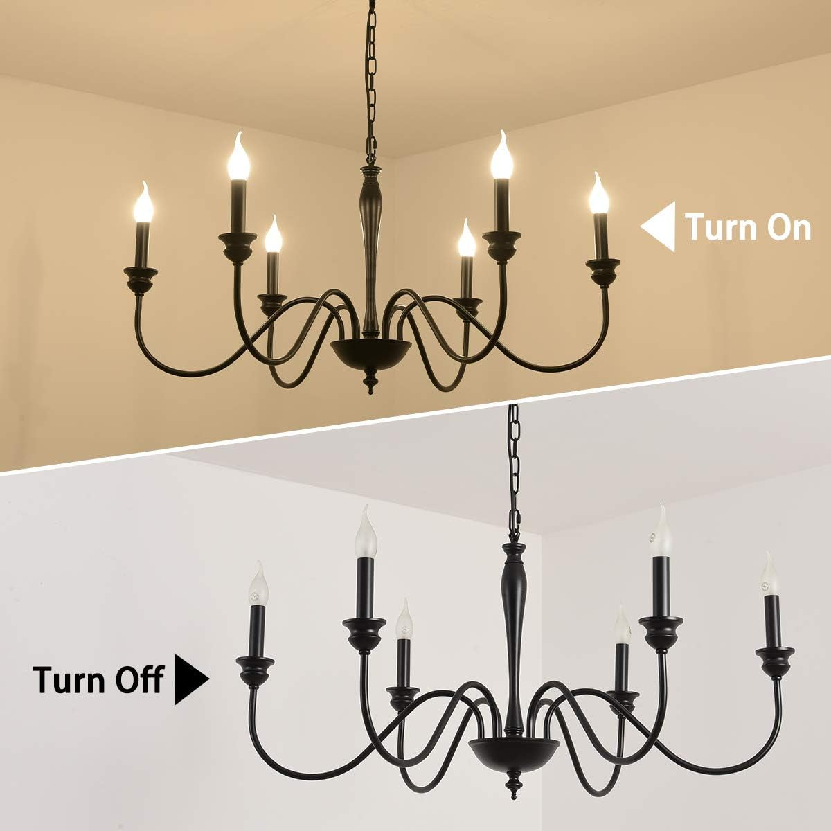 6-Light Farmhouse Chandeliers Black Classic Candle Ceiling Pendant Light Fixture Rustic Ceiling Chandelier for Foyer,Living Room,Kitchen Island,Dining Room
