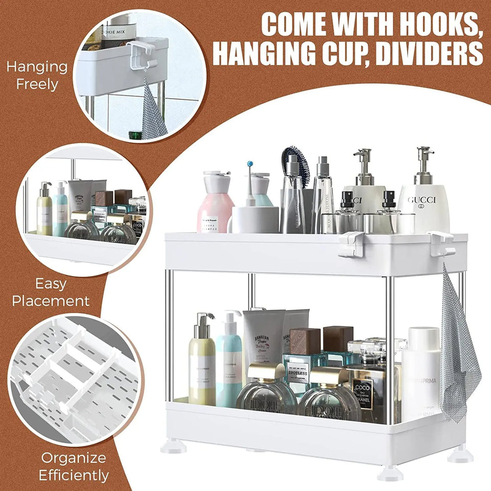 under Sink Organizer Storage,2 Tier Bathroom Organizer Kitchen Storage Rack with Hooks, Hanging Cup, Dividers,Multi-Purpose Bath Collection Baskets for Bathroom Kitchen (White)