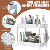 under Sink Organizer Storage,2 Tier Bathroom Organizer Kitchen Storage Rack with Hooks, Hanging Cup, Dividers,Multi-Purpose Bath Collection Baskets for Bathroom Kitchen (White)