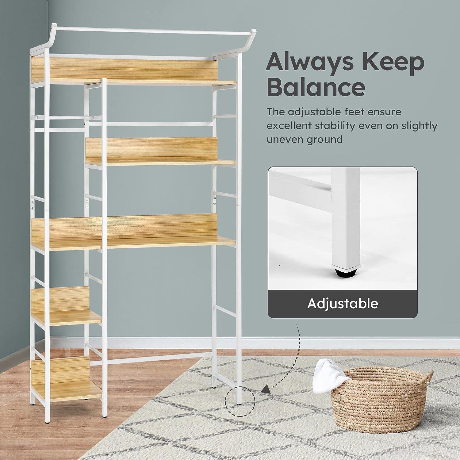 5 Tier over Toilet Shelf Bathroom Rack Organiser Laundry Shelves Storage Freestanding White & Wood
