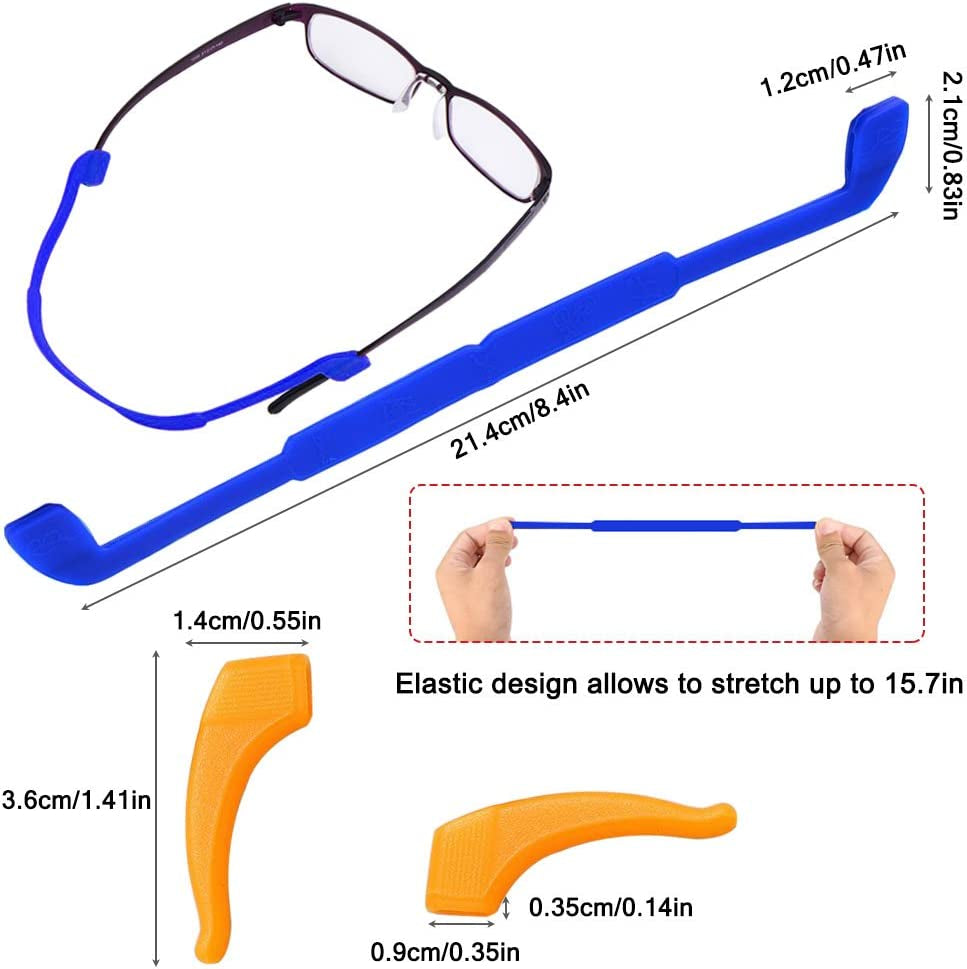 6 Pack Anti-Slip Silicone Glasses Straps with 6 Pairs Ear Grip Hooks, SENHA Soft Eyewear Retainer Eyeglasses Holder for Kids Adult Sports - Black, Red, Orange, Pink, Blue, Green