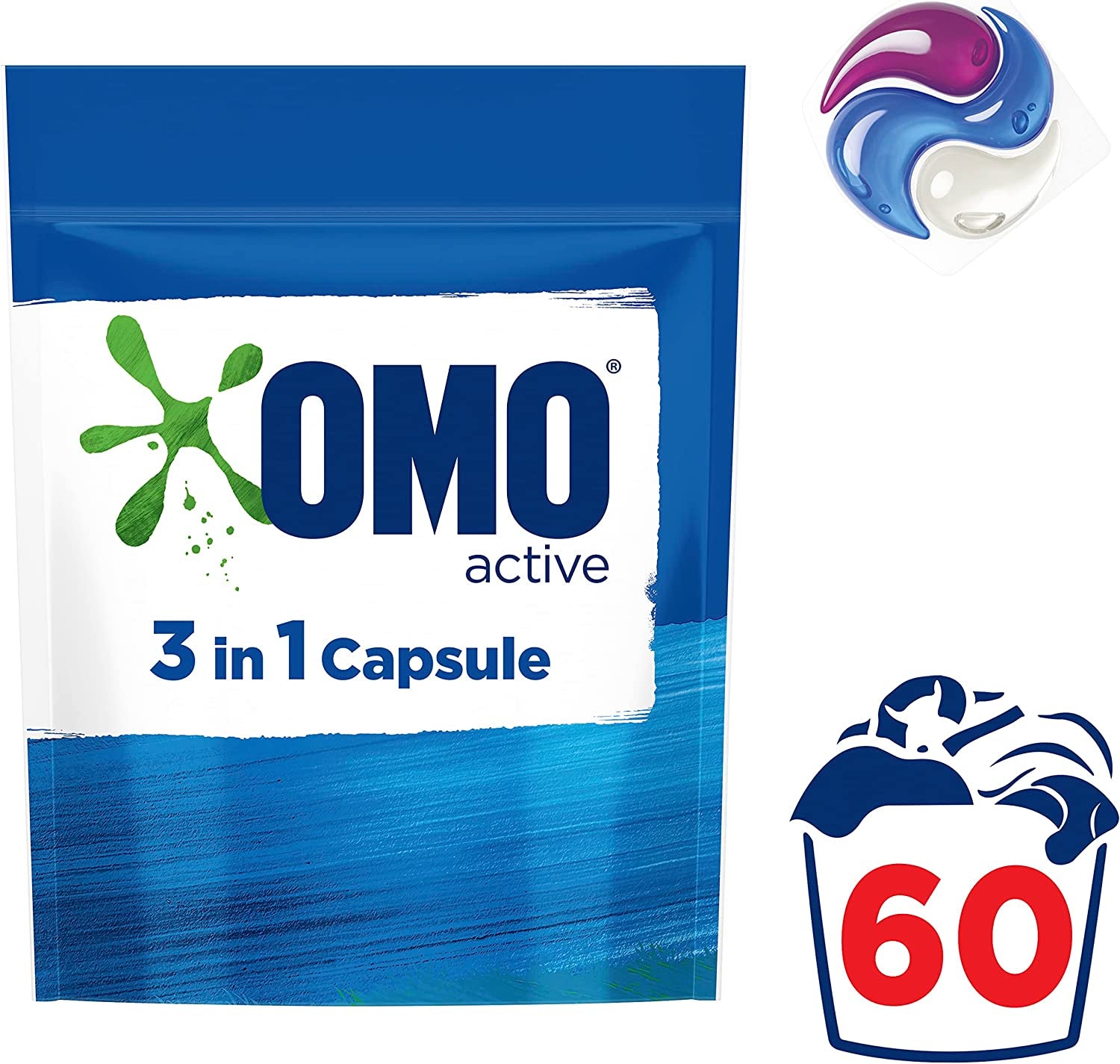 Active Clean 3 in 1 Laundry Detergent Liquid Capsules 60 Washes, 1.26Kg