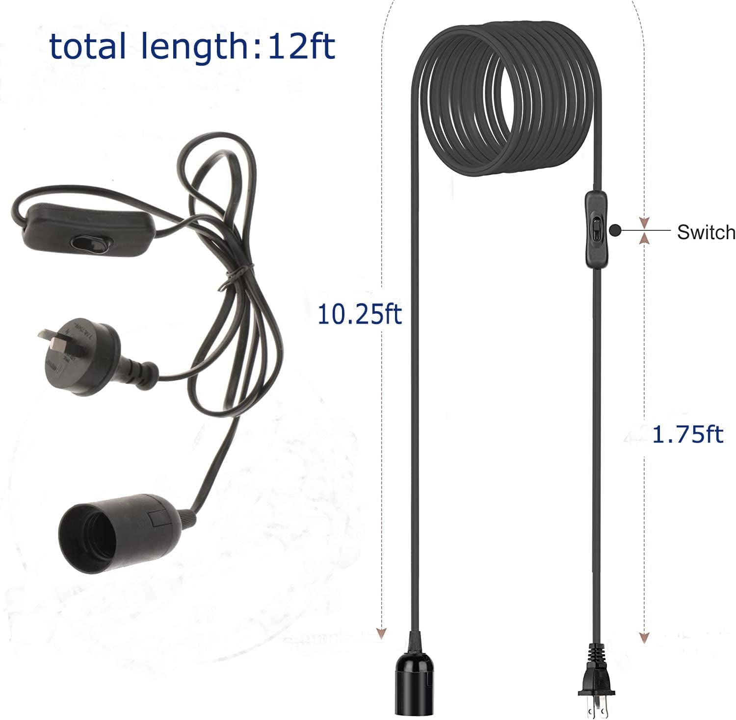 E27 Hanging Lantern Cord Cable, 2 Packs 3.7M Light Lamp Cord Set Plug in Hanging Light Kit with On/Off Switch for Bedroom Plant Growth Light