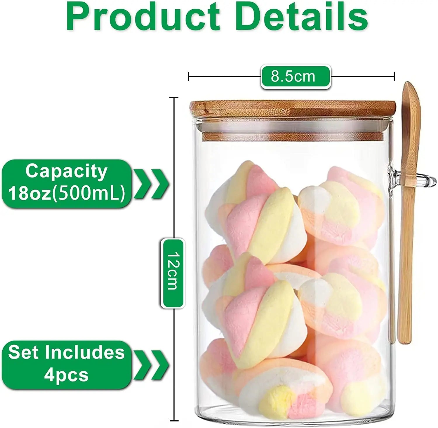 4 Pack Glass Jars with Bamboo Lid & Bamboo Spoons, 18 OZ Glass Food Storage Jars Borosilicate Glass Canisters for Coffee Bean, Sugar, Storage, Dry Goods, Cookie, Candy, Tea, Spices and More