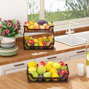 3 Tier Countertop Fruit Basket with 2 Banana Hangers for Kitchen, Detachable Metal Organizer for Bread Vegetable Fruits with Wooden Handle, Large Capacity Rectangular Storage Stand Bowls, Black
