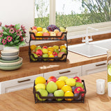 3 Tier Countertop Fruit Basket with 2 Banana Hangers for Kitchen, Detachable Metal Organizer for Bread Vegetable Fruits with Wooden Handle, Large Capacity Rectangular Storage Stand Bowls, Black