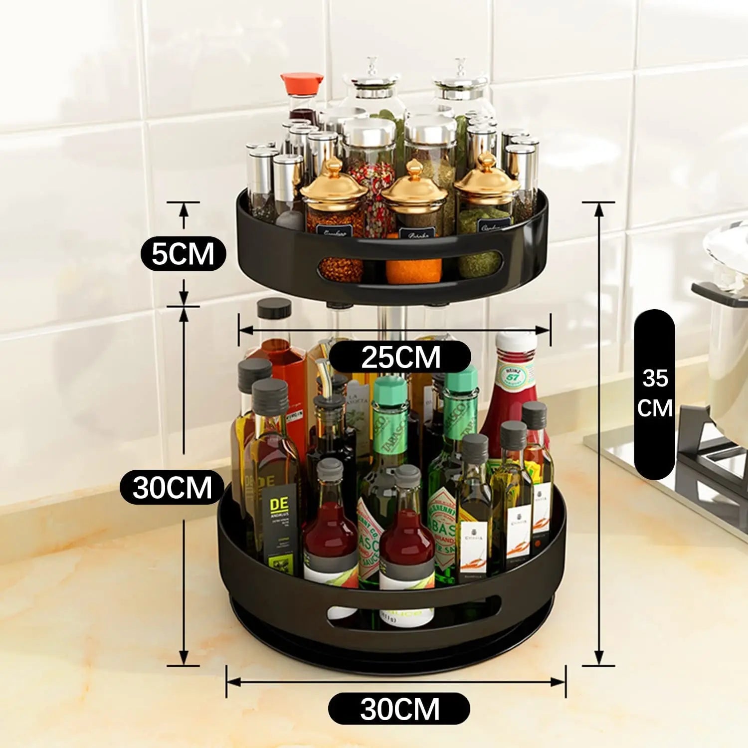 2 Tier Lazy Susan 360° Turntable Kitchen Spice Storage Organizer Rack, Height Adjustable Rotating Tray for Kitchen Cabinet Pantry Bathroom, Condiments Storage Rack