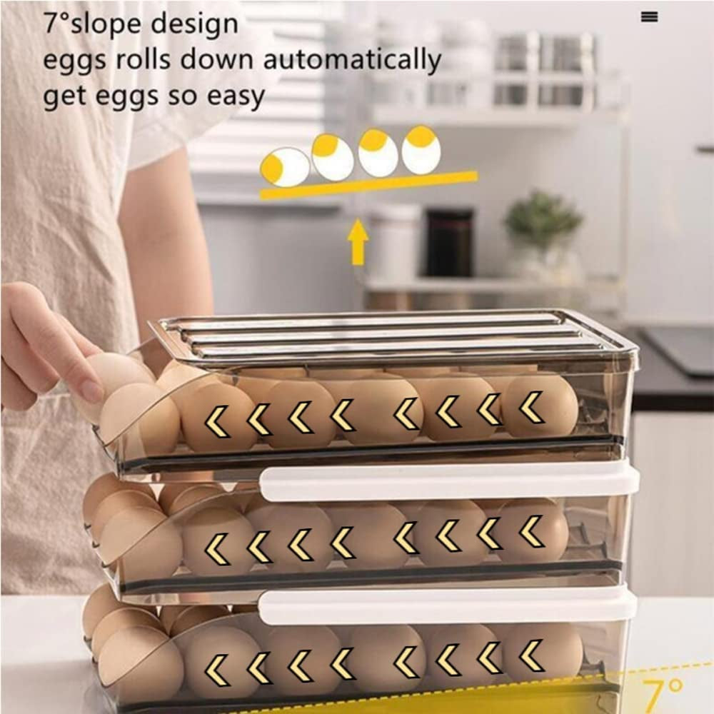 Automatic Rolling Egg Tray Storage Box Kitchen Stackable Holder Storage Container with Lid for Refrigerator Large Capacity Household Egg Fresh Tray Fridge Dispenser Organizer Bin Transparent (3-Tier)
