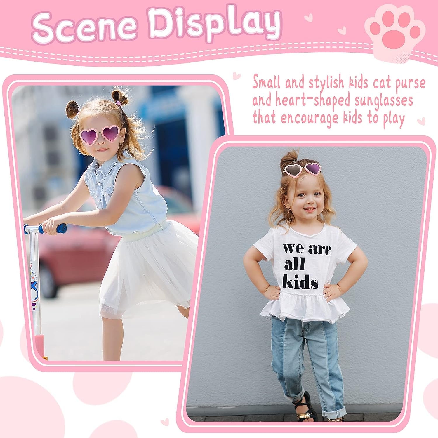 3 Pieces Toddler Pink Cute Cat Purse Heart Shaped Sunglasses with UV 400 Protection Crossbody Bag Glitter Small Wallet for Little Girl Birthday Party Gift, as Pictures