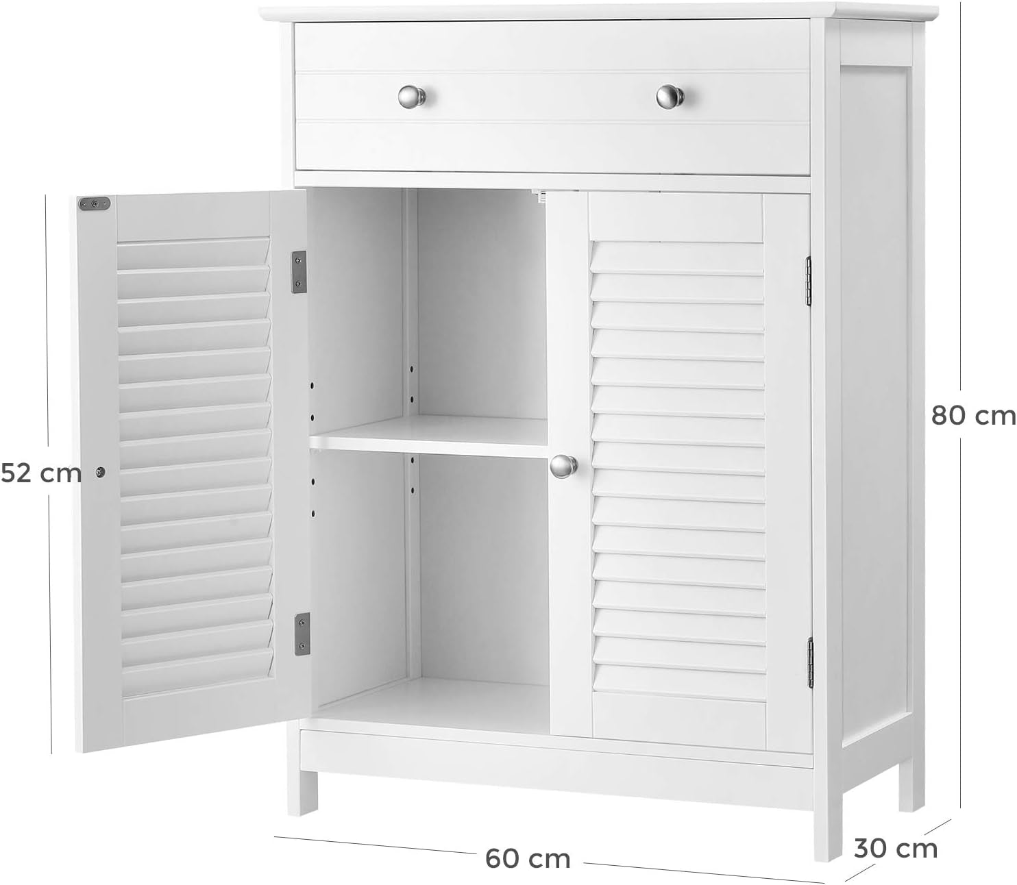BBC51WT Bathroom Cabinet, 60 X 30 X 80 Cm, Storage Cabinet with 2 Slat Doors, Drawer, Adjustable Shelf, Scandinavian Style, Matt White
