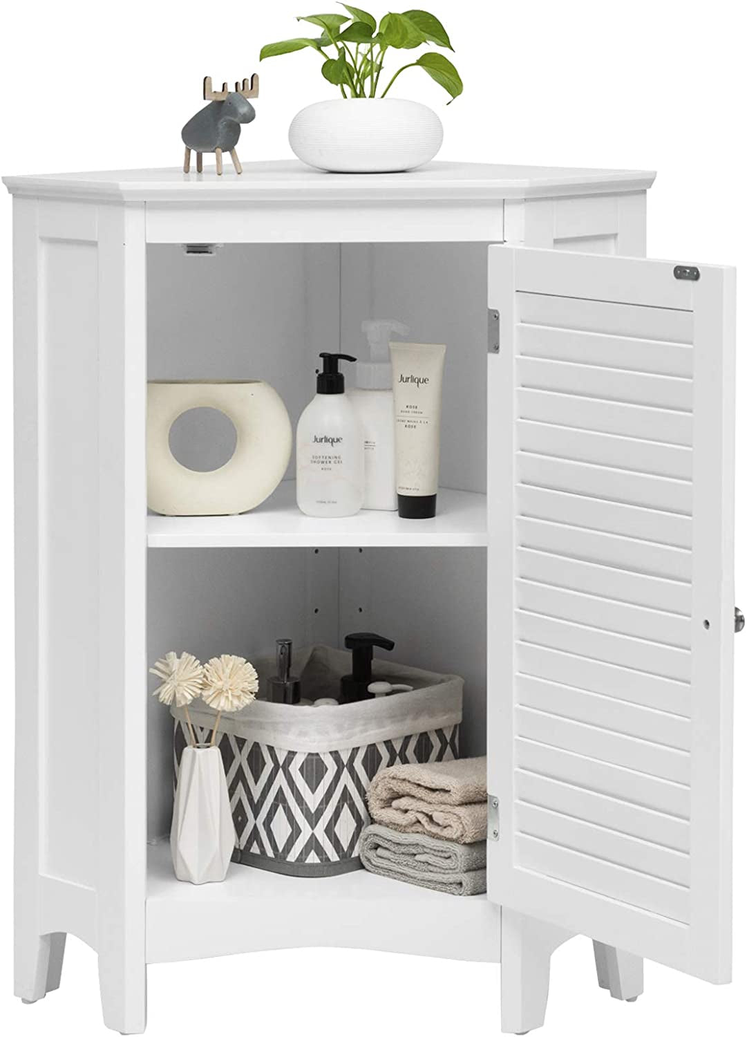 Corner Shutter Door Cabinet, Modern Bathroom Storage Oragnizer with Single Doors & 2 Shelves, Free-Standing Corner Storage Cabinet for Bathroom, Kitchen, Living Room, Bedroom, White