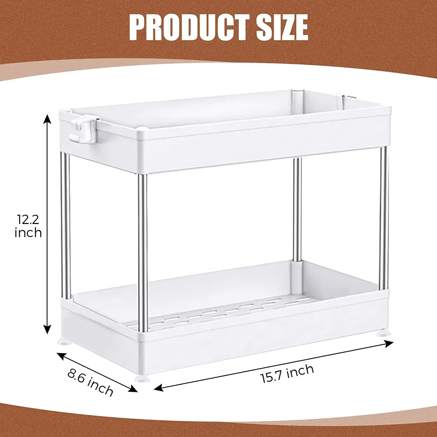 under Sink Organizer Storage,2 Tier Bathroom Organizer Kitchen Storage Rack with Hooks, Hanging Cup, Dividers,Multi-Purpose Bath Collection Baskets for Bathroom Kitchen (White)