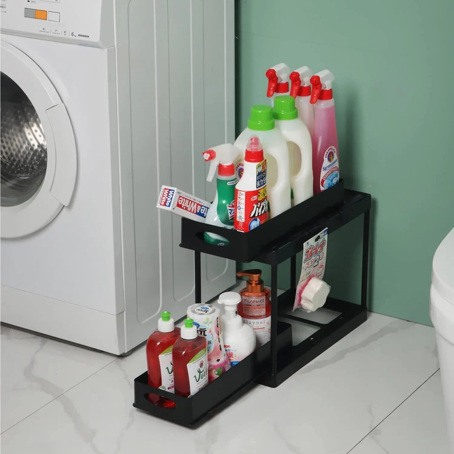 2-Tier Kitchen Spice Oil Rack ,Double Sliding Pull Out Spice Rack,Pull Out Oil Rack with 4 Hanging Hooks, Black