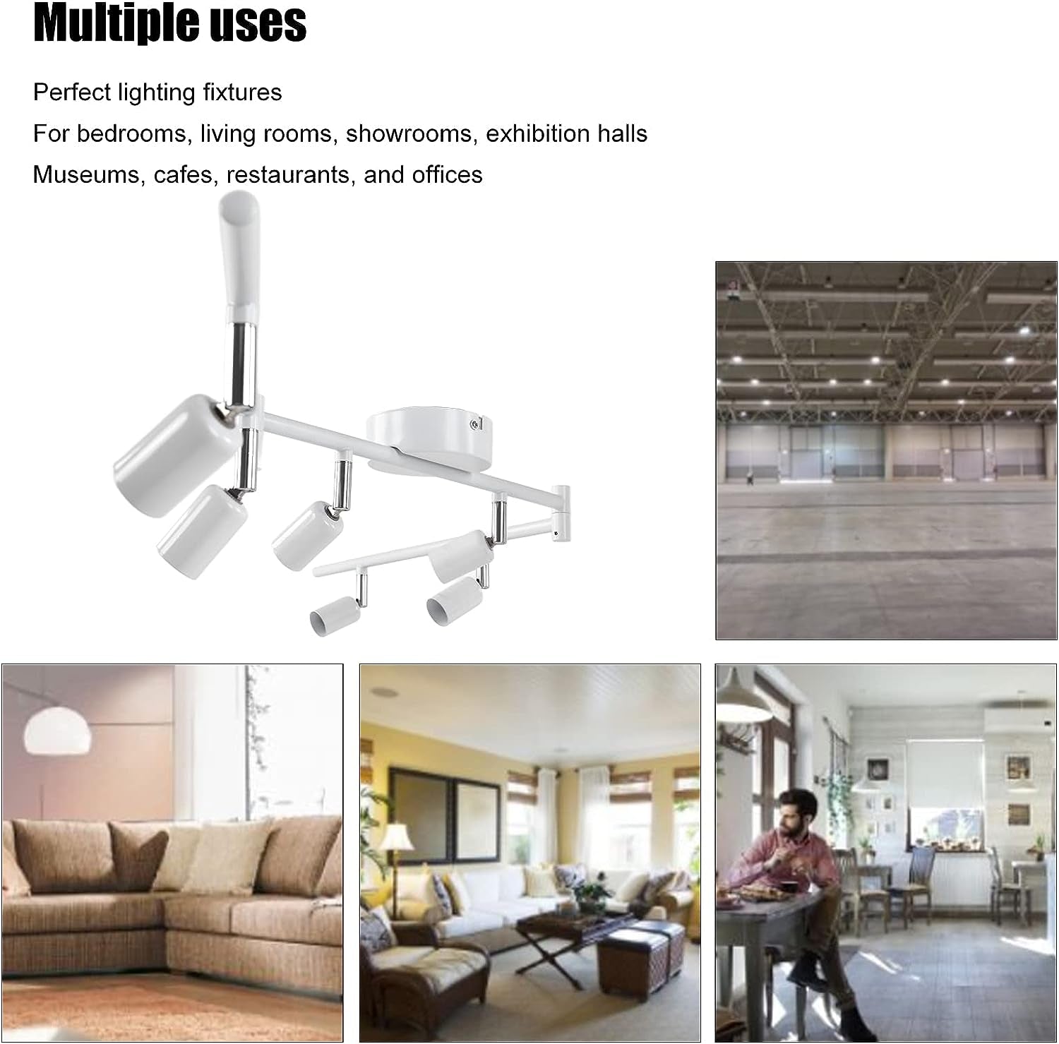 6 Way Ceiling Spotlight GU10 Base Socket, Track Lighting Kit Rotatable Lamp Head, Can Be Tilted 90°, Adjustable Lighting Angle, for Showrooms, Exhibition Halls, Museums, Cafes, Restaurants(White)