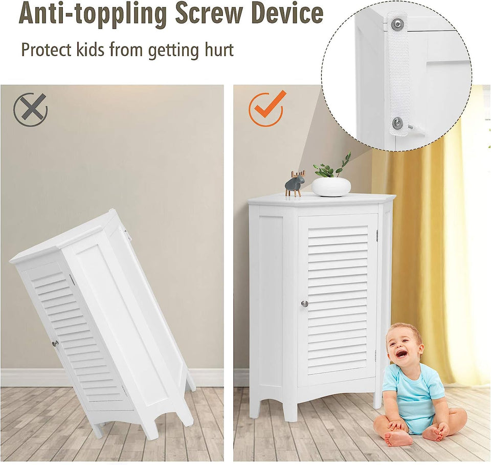 Corner Shutter Door Cabinet, Modern Bathroom Storage Oragnizer with Single Doors & 2 Shelves, Free-Standing Corner Storage Cabinet for Bathroom, Kitchen, Living Room, Bedroom, White