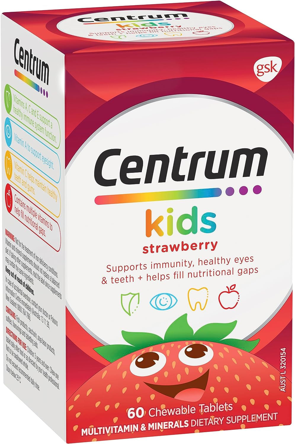 Kids Multivitamin Strawberry Flavour, with Vitamins to Support Immunity, Healthy Eyes, Teeth & Gums, 60 Chewable Tablets