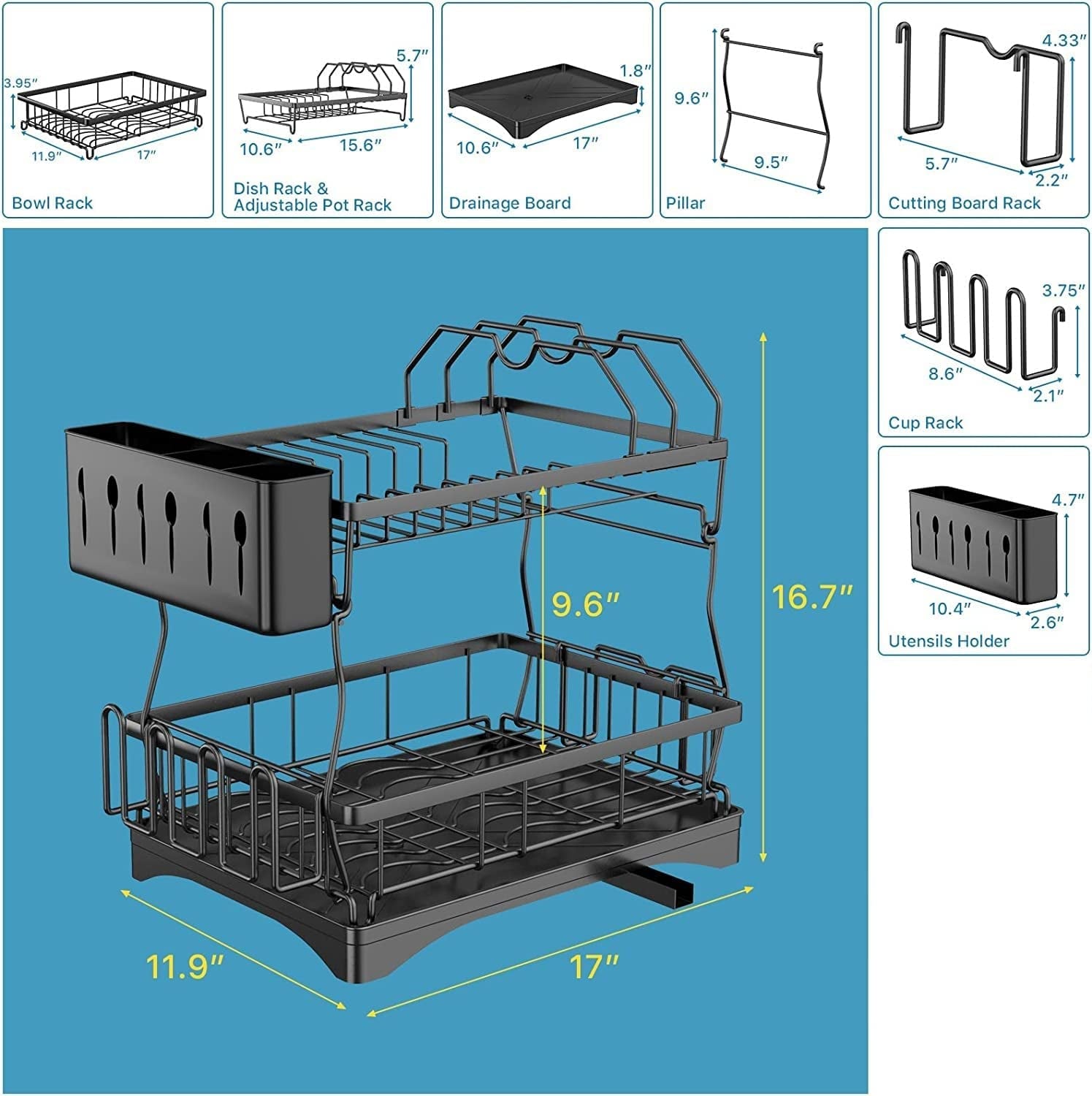 Dish Drying Rack, 2 Tier Dish Rack with Drain Board for Kitchen Counter, Stainless Steel Dish Drainer with Drainage Utensil Holder, Cutlery Rack, Cup Holder, Cutting Board Holder
