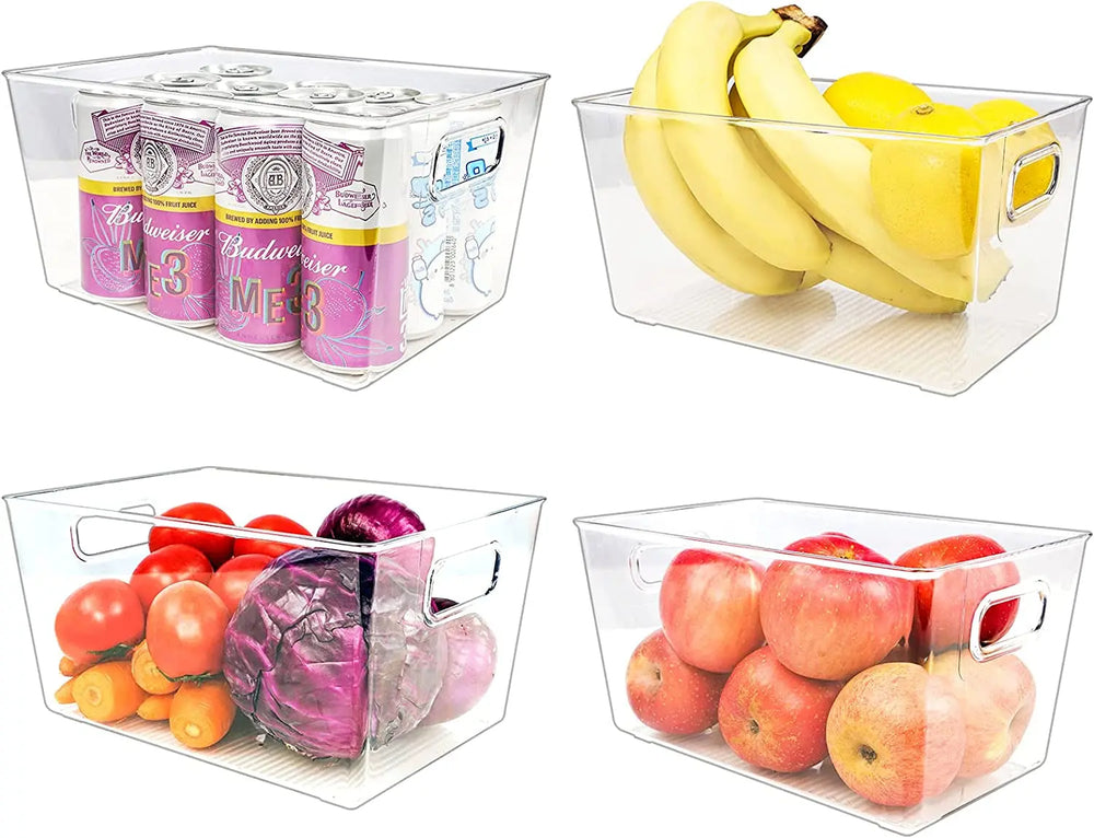 [2 Large & 2 Medium]  Set of 4 Refrigerator Clear Organizer Bins, Kitchen Storage Plastic Food Containers with Handles for Pantry, Fridge, Freezer, Cabinet - BPA Free