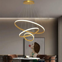 Load image into Gallery viewer, LED Modern Chandeliers Adjustable 3 Colors Dimmable Ceiling Lighting Fixture 3 White Rings Hanging Led Modern Pendant Light for Bedroom Living Dining Room Kitchen Foyer (Gold, 20+40+60Cm)
