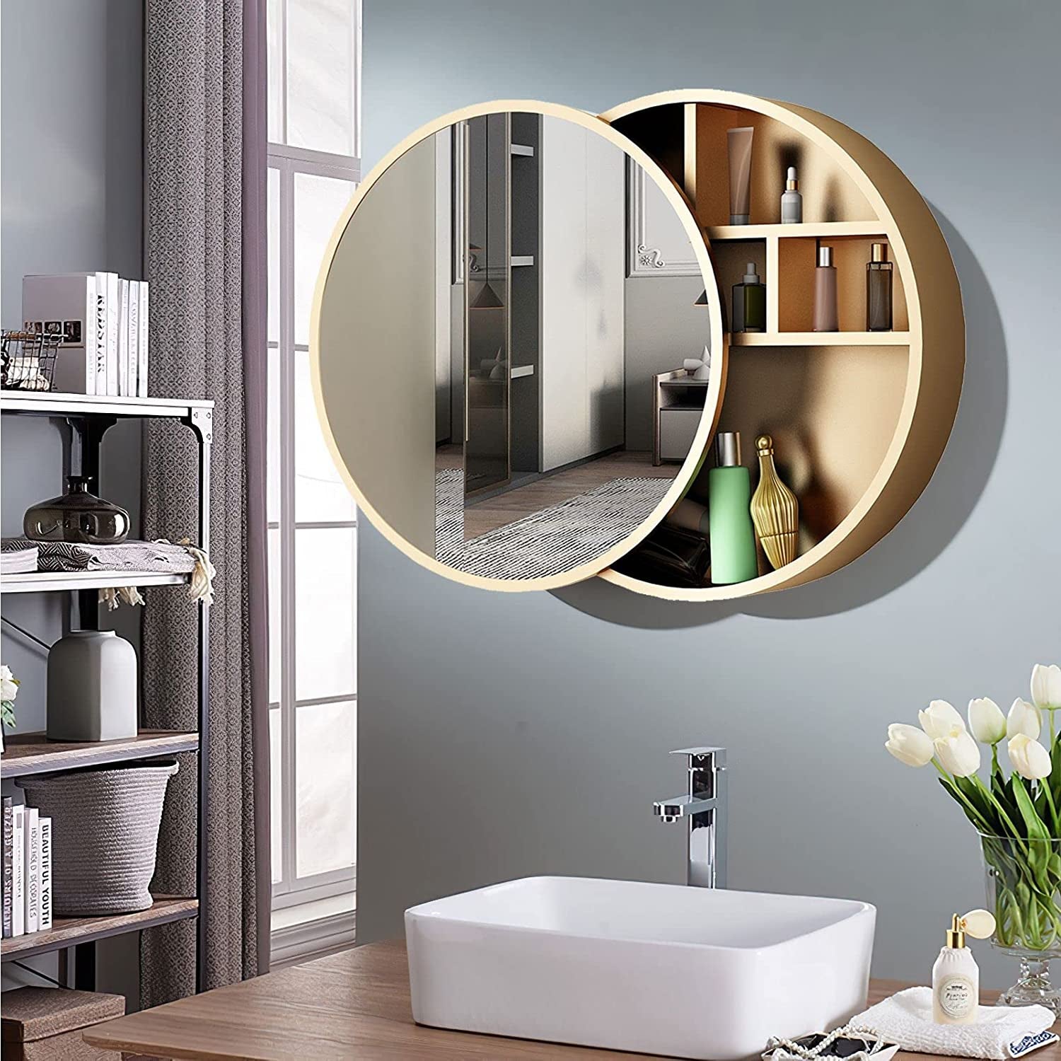 round Mirrored Cabinet Bathroom Medicine Vanity round Wall Mirror Cupboard with Storage Sliding Door Gold 60Cm Diameter