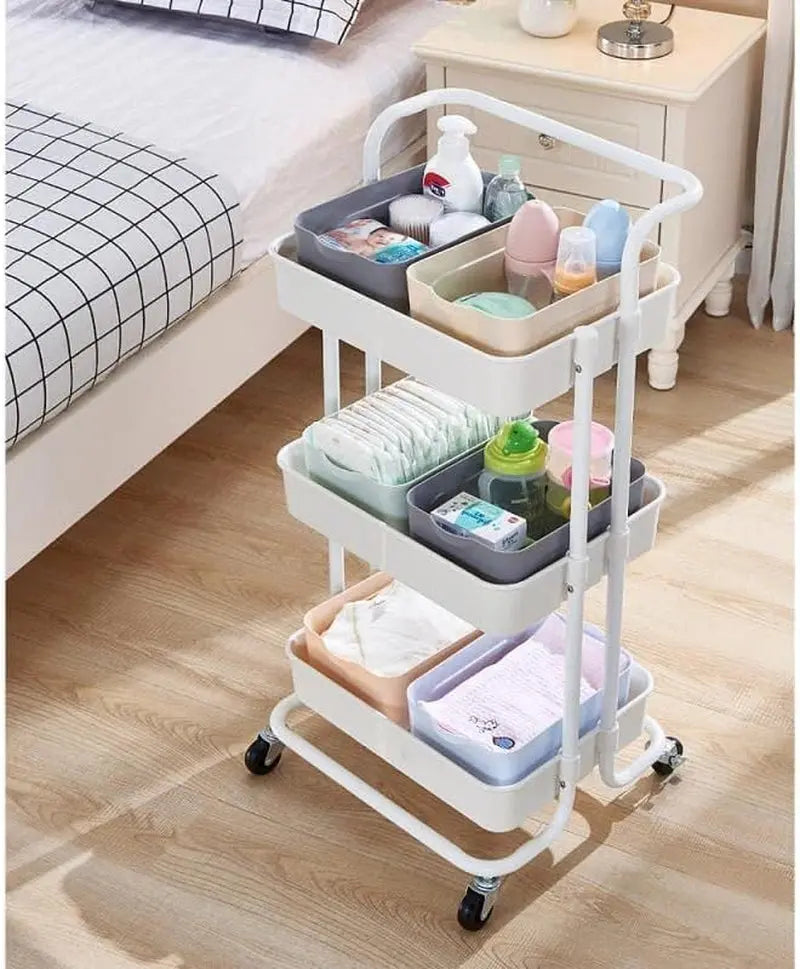 4 Tier Organizer Kitchen Moving Island with Wheels,Spice Rack Organizer with Handle Trolley,Pantry Organizer Shelf Storage Rack,Bathroom Laundry Trolley - White