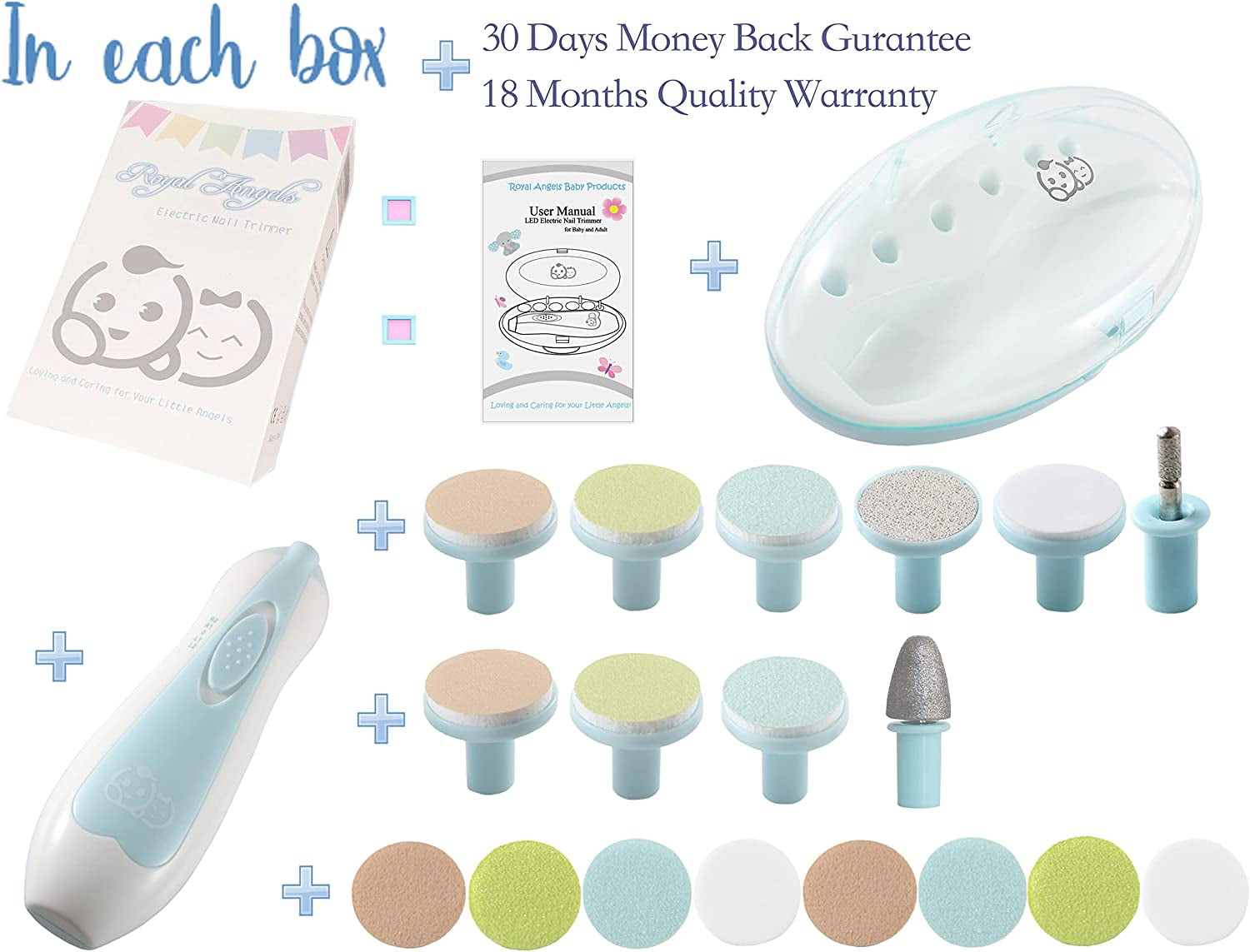 Baby Nail Clippers 20 in 1 by  | Safe Electric Baby Nail Trimmer, Baby Nail File Kit, Additional Replacement Heads, Newborn Toddler Toes and Fingernails, Trim and Polish (Blue)