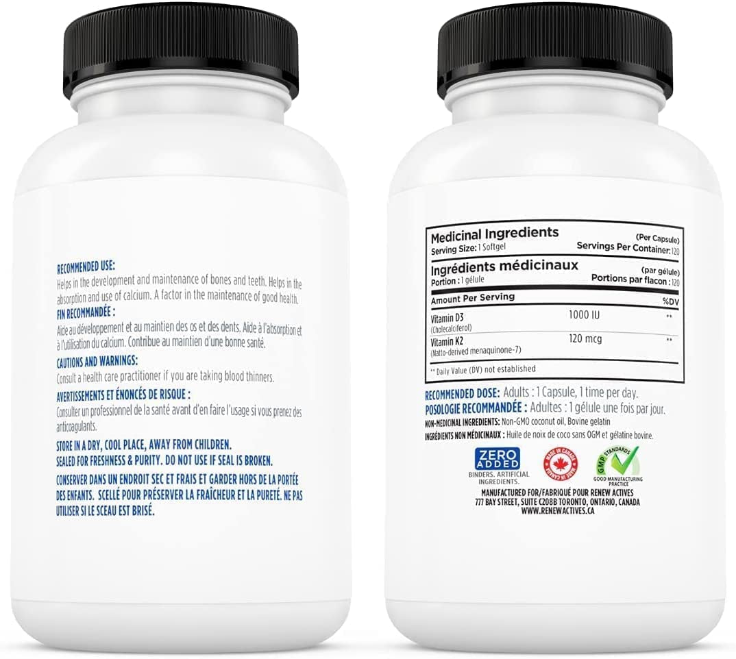 HIGH POTENCY  D3 K2 Supplement with Organic Coconut Oil for Enhanced Absorption - 1000 UI Vitamin D and 120 MCG of Vitamin K - Supports Bone, Teeth & Heart Health. Natural Immune Support. 120 Easy to Swallow Capsules. Made in Canada!